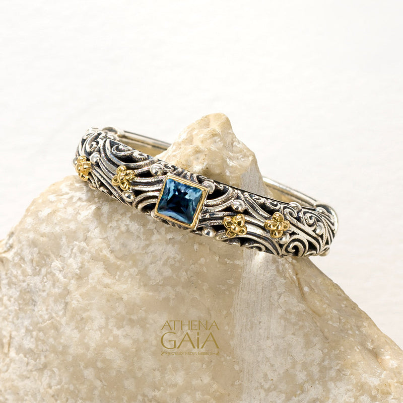Kynthia Square Stone Band Ring - 18k Gold & Sterling Silver Ring - Stackable Ring