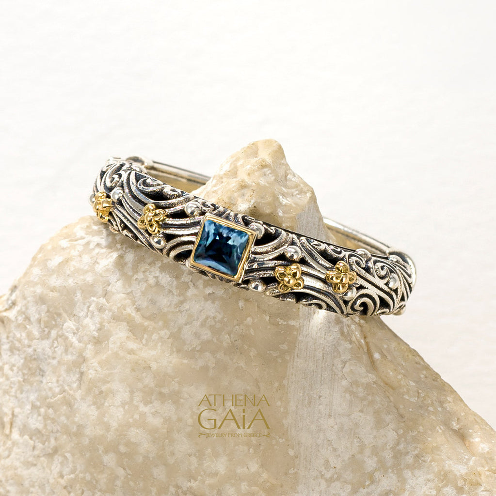 Kynthia Square Stone Band Ring - 18k Gold & Sterling Silver Ring - Stackable Ring