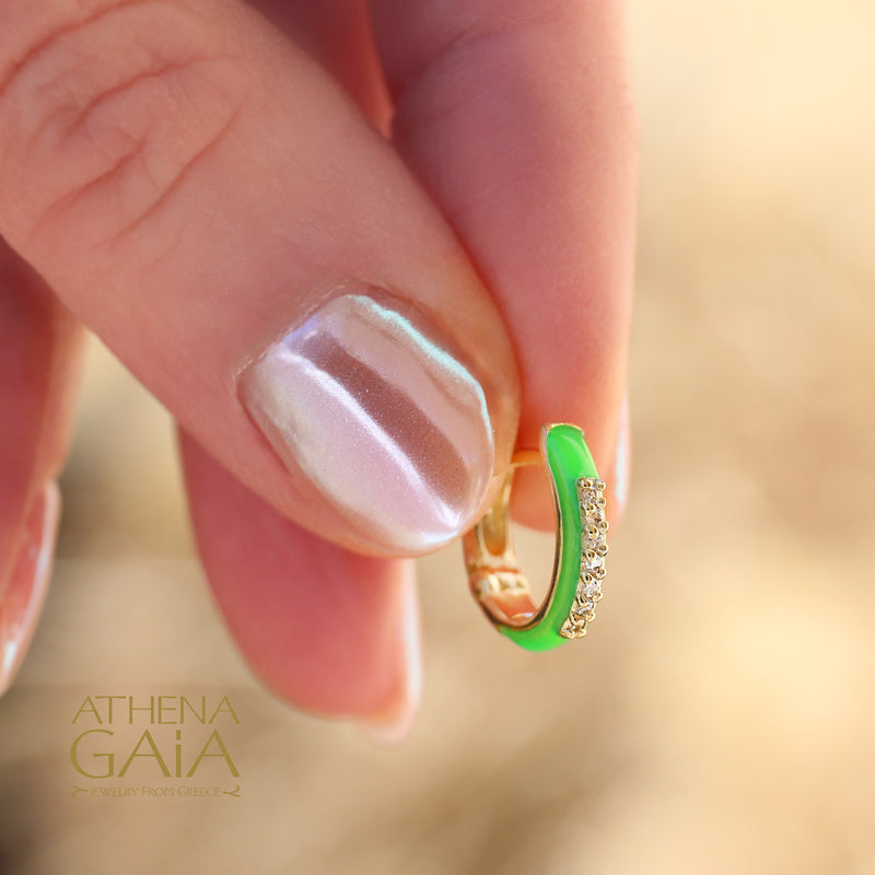 Diamond Line Enamel Earrings - 18k Gold - Huggies Earrings