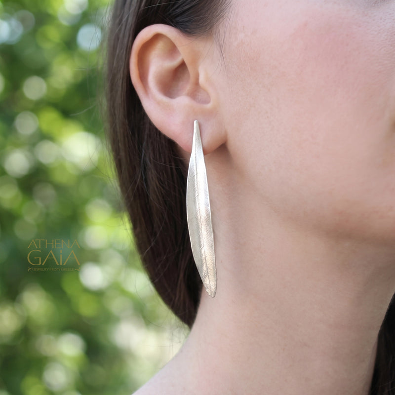 Long Leaf Earrings - Sterling Silver - Post Earrings