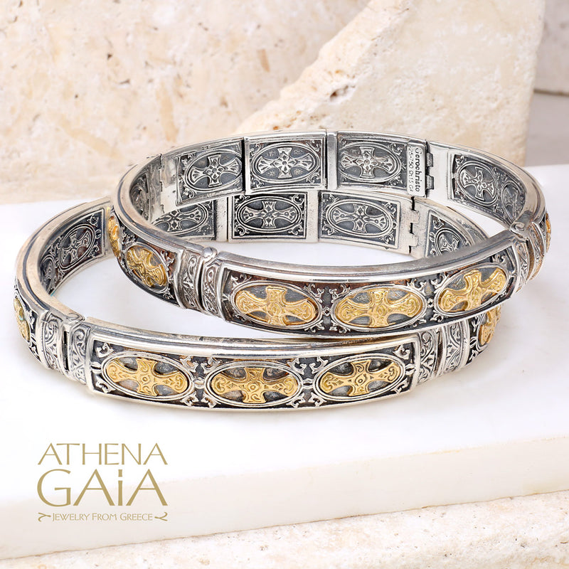 Patmos Crosses Bracelet - 18k Gold & Sterling Silver Bracelet - Hinged Bangle Bracelet