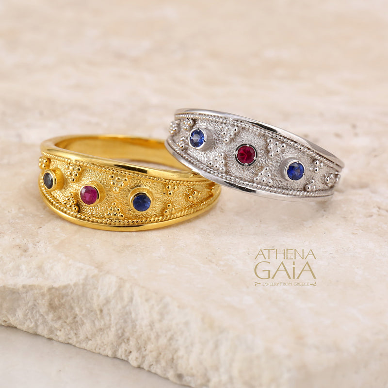 Byzantine Embroidery Graduated Band Ring - 18k White Gold - Stackable Ring (In-Stock)