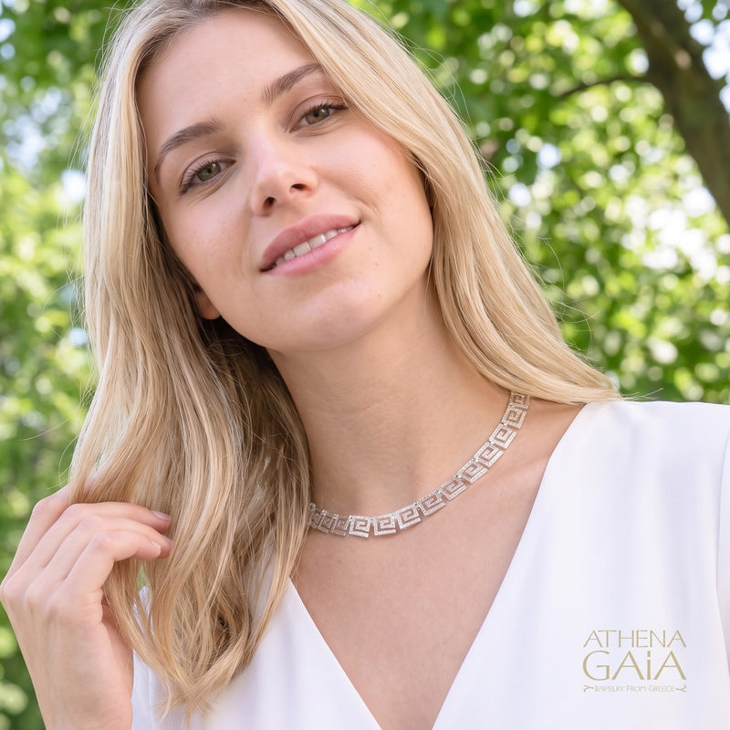 Greek Key Meander Full Necklace - Sterling Silver Necklace