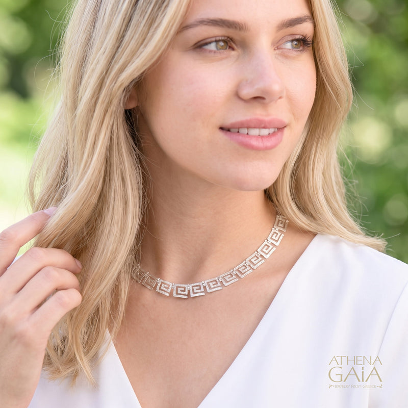 Greek Key Meander Full Necklace - Sterling Silver Necklace