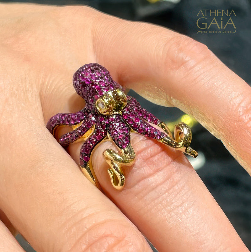 Aegean Sea Ruby and Diamond Octopus Ring - 18k Gold Ring - Cocktail Ring