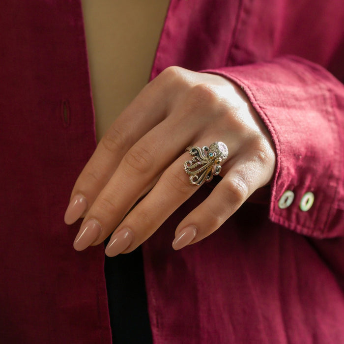 Thalassa Octopus Gemstone Ring - 18k Gold & Sterling Silver Ring - Cocktail Ring