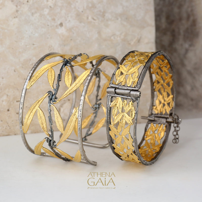 Olive Tree Open Cuff Bracelet - Gold Plated Sterling Silver Bracelet