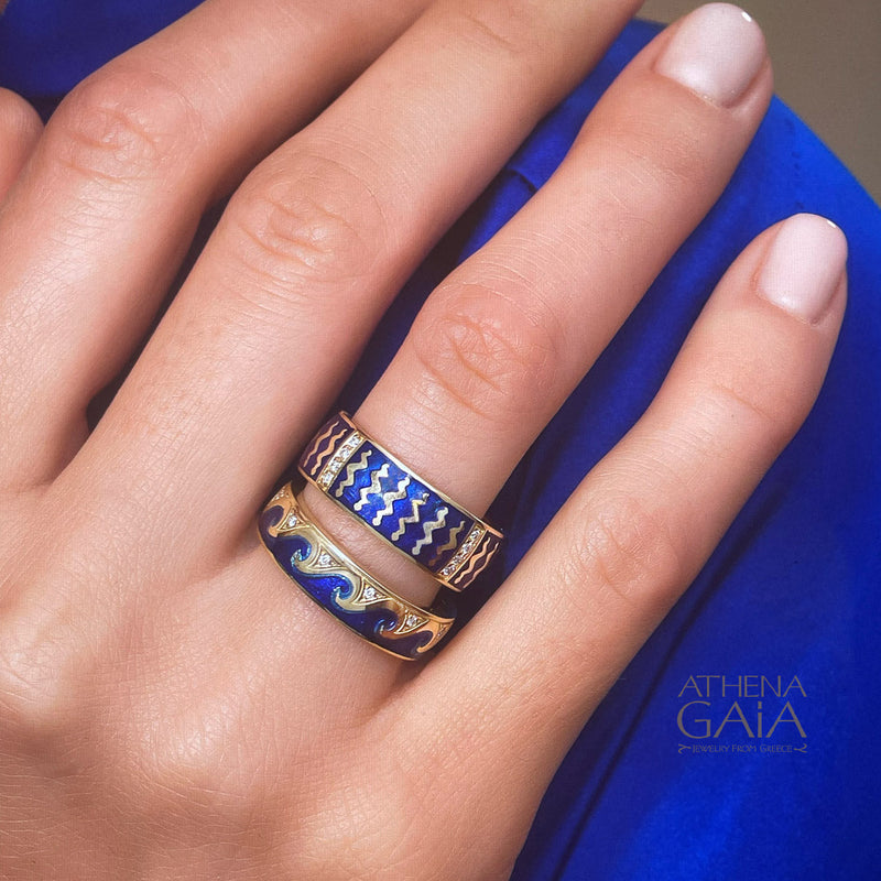 Eternal Argonaut Enamel Ring - 18k Gold Ring - Cigar Band Ring