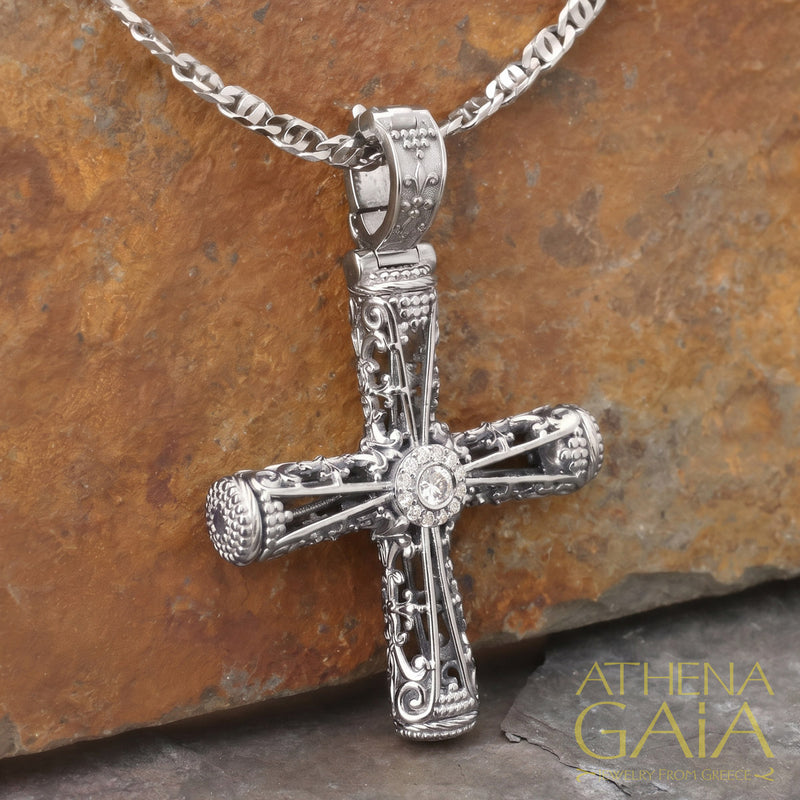 Columns Filigree Halo Orthodox Cross (Large) - Sterling Silver - Byzantine Cross