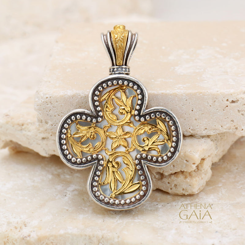 Floral Expanding Greek Cross - Gold Plated Sterling Silver - Orthodox Cross Necklace