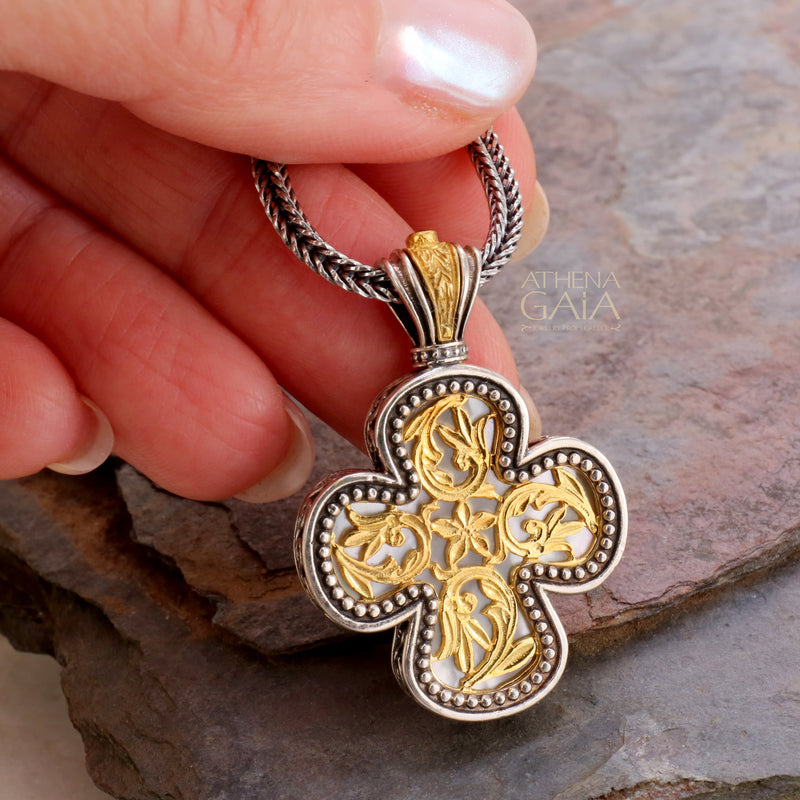 Floral Expanding Greek Cross - Gold Plated Sterling Silver - Orthodox Cross Necklace