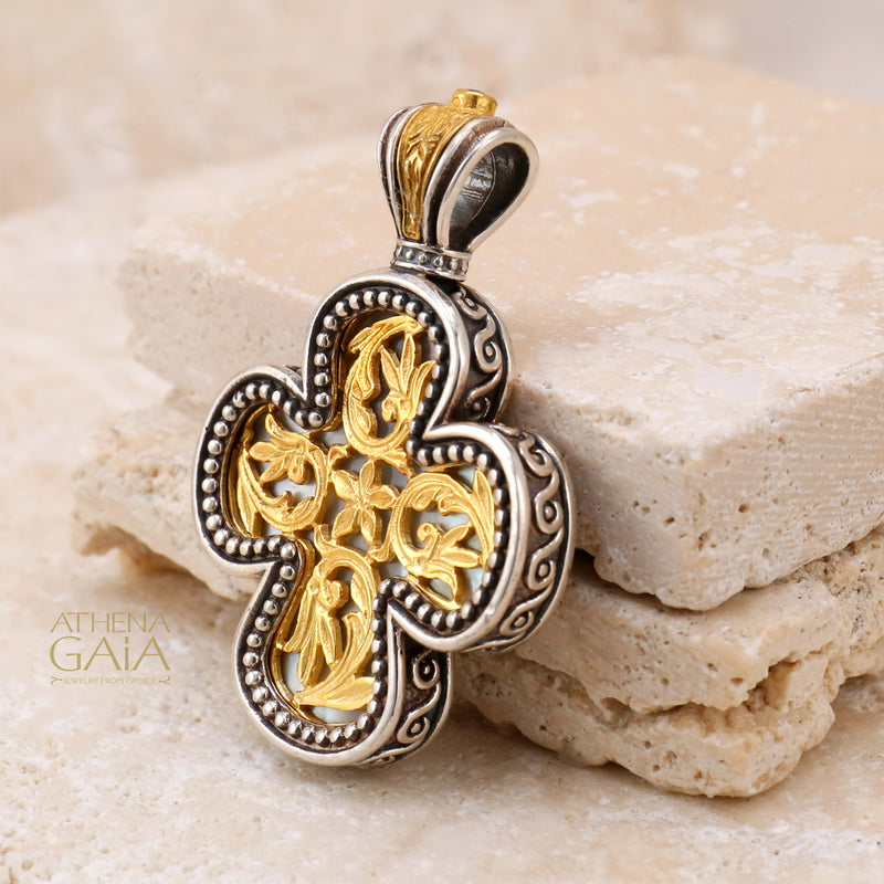 Floral Expanding Greek Cross - Gold Plated Sterling Silver - Orthodox Cross Necklace