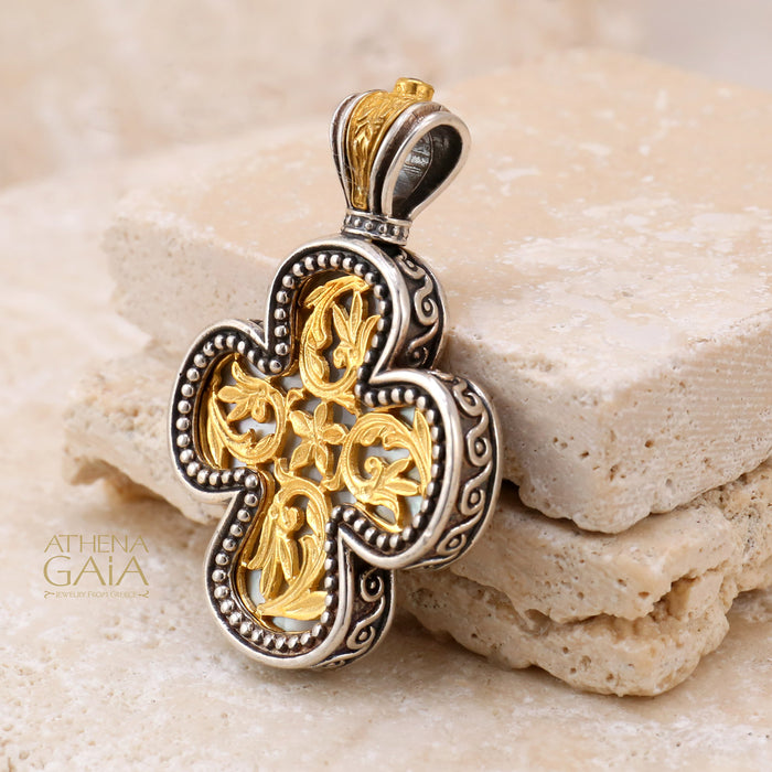 Floral Expanding Greek Cross - Gold Plated Sterling Silver - Orthodox Cross Necklace