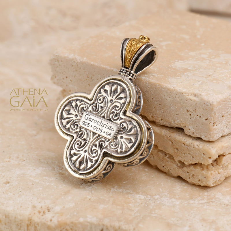 Mother and Child Rounded Greek Cross - Gold Plated Sterling Silver - Orthodox Cross Necklace