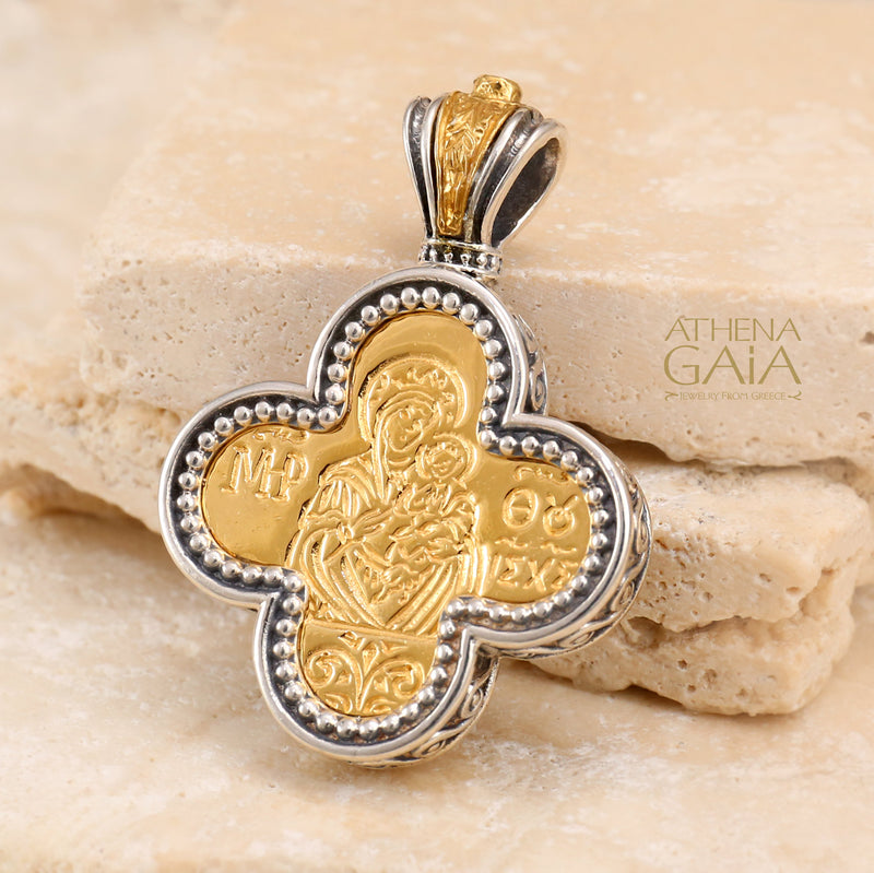 Mother and Child Rounded Greek Cross - Gold Plated Sterling Silver - Orthodox Cross Necklace