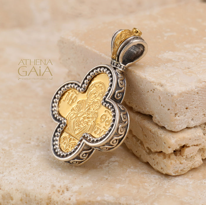 Mother and Child Rounded Greek Cross - Gold Plated Sterling Silver - Orthodox Cross Necklace