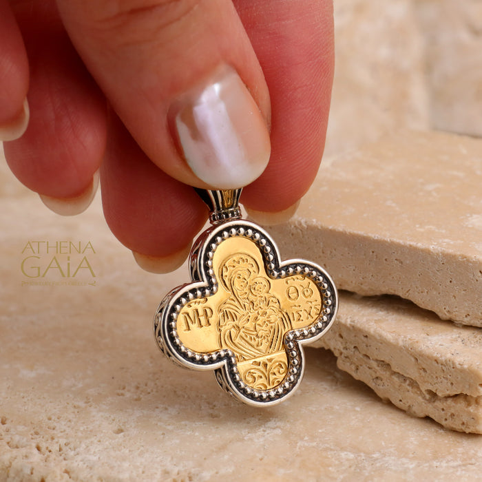 Mother and Child Rounded Greek Cross - Gold Plated Sterling Silver - Orthodox Cross Necklace
