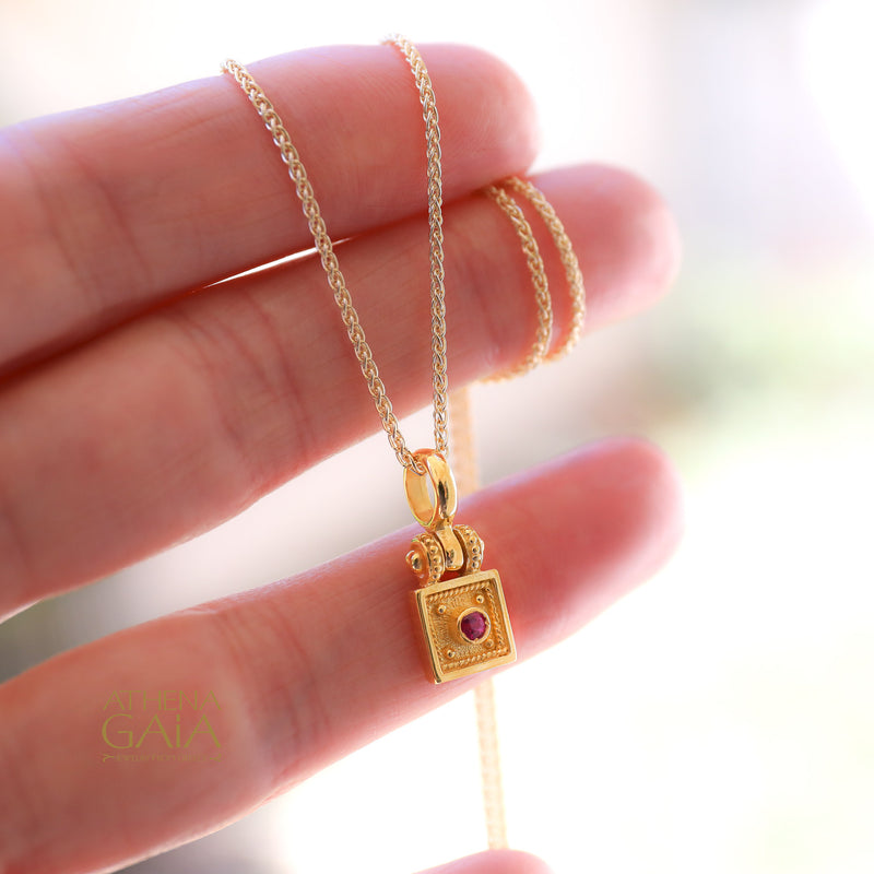 Byzantine Embroidery Hinged Square Pendant - 18k Gold Pendant