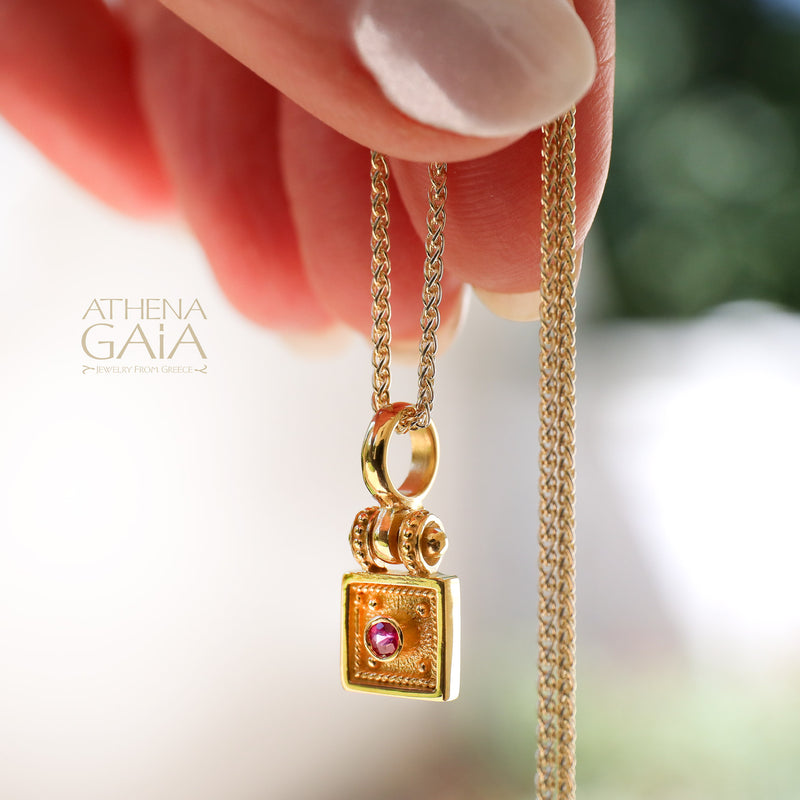 Byzantine Embroidery Hinged Square Pendant - 18k Gold Pendant