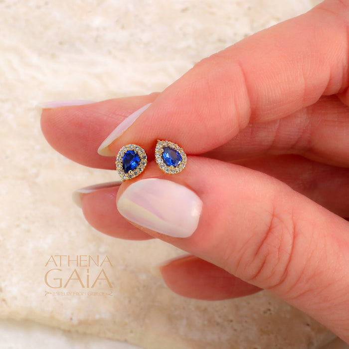 Small Halo Pear Stud Earrings - 14k Gold Earrings