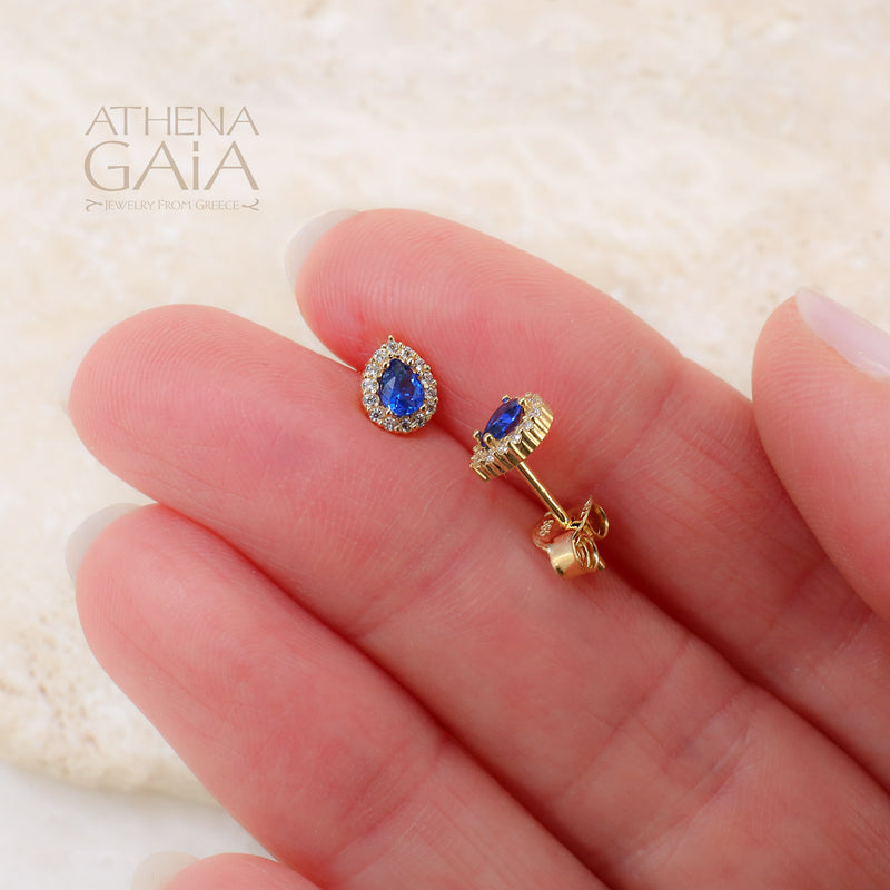 Small Halo Pear Stud Earrings - 14k Gold Earrings