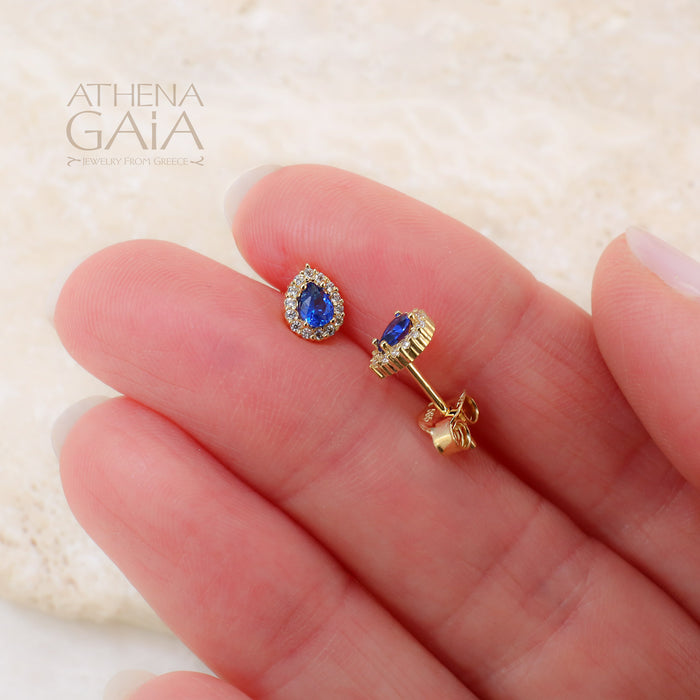 Small Halo Pear Stud Earrings - 14k Gold Earrings