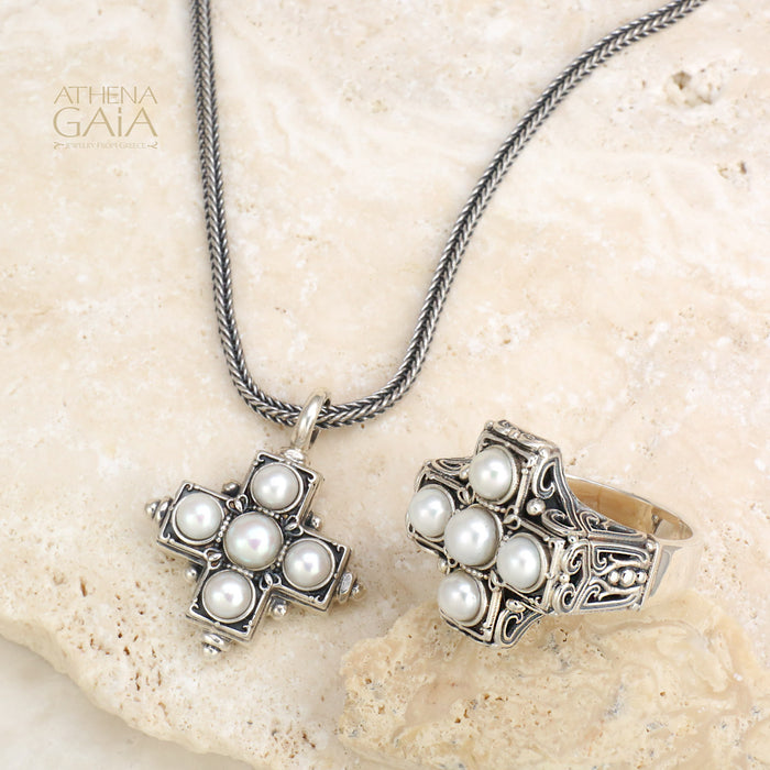 Pearl Eastern Cross Ring - Sterling Silver Ring - Cocktail Ring