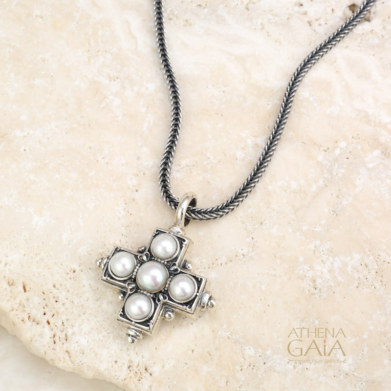 Rustic Silver Five Pearl Cross (Large) - Sterling Silver - Greek Cross Necklace