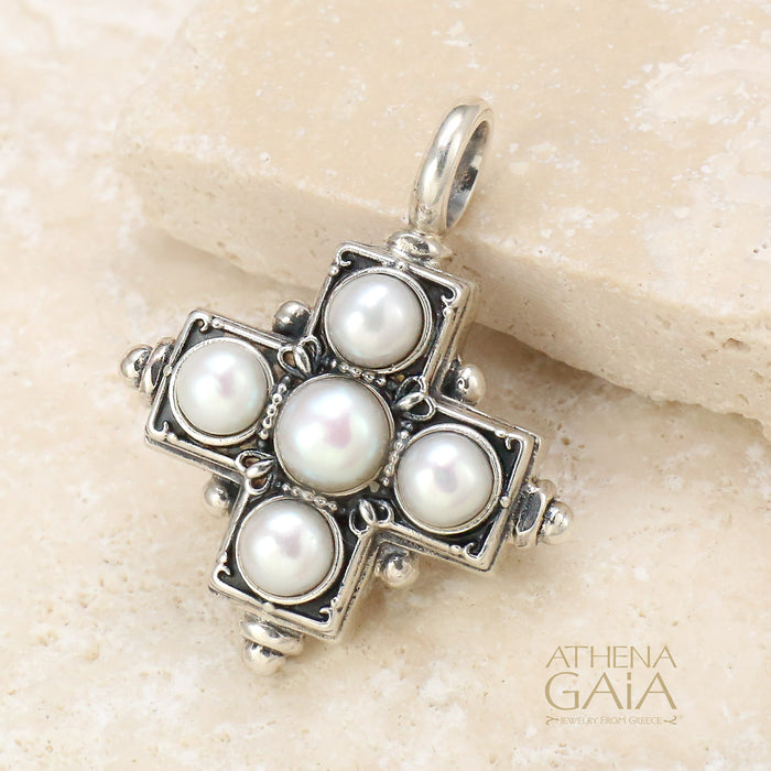Rustic Silver Five Pearl Cross (Large) - Sterling Silver - Greek Cross Necklace