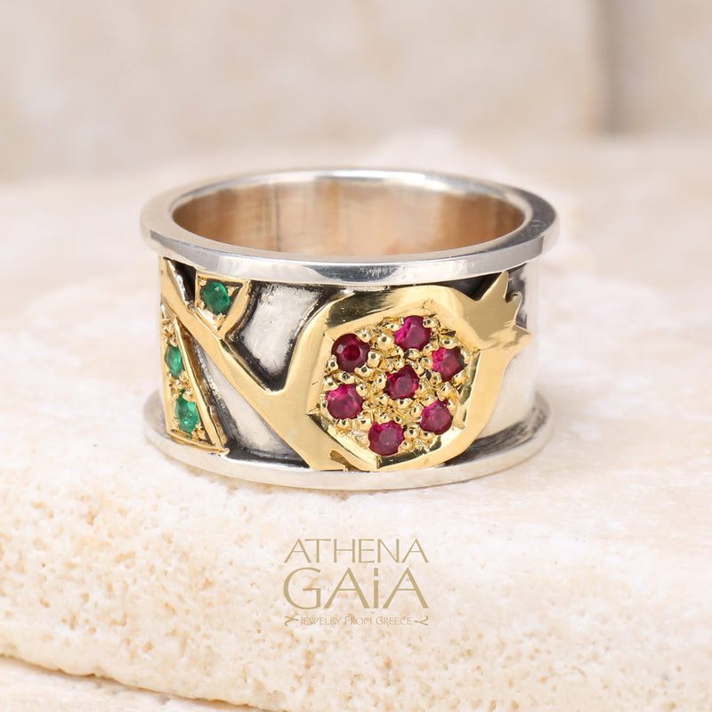 Pomegranate Ring - 18k Gold & Sterling Silver Ring - Cigar Band Ring