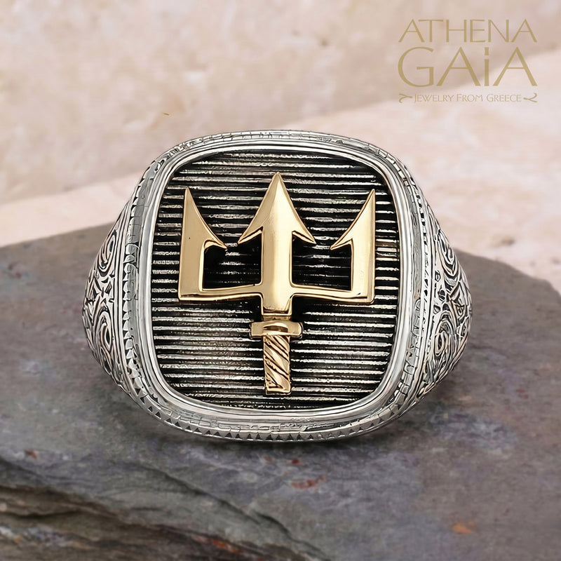 Poseidon’s Trident Talisman Ring - 18k Gold & Sterling Silver - Signet Ring