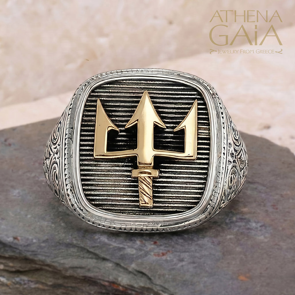 Poseidon’s Trident Talisman Ring - 18k Gold & Sterling Silver - Signet Ring