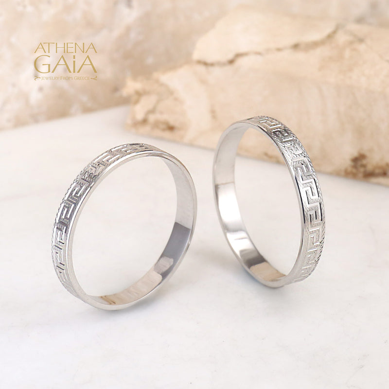 Greek Key Band Ring - 14k White Gold Ring - Stackable Ring (In-Stock)