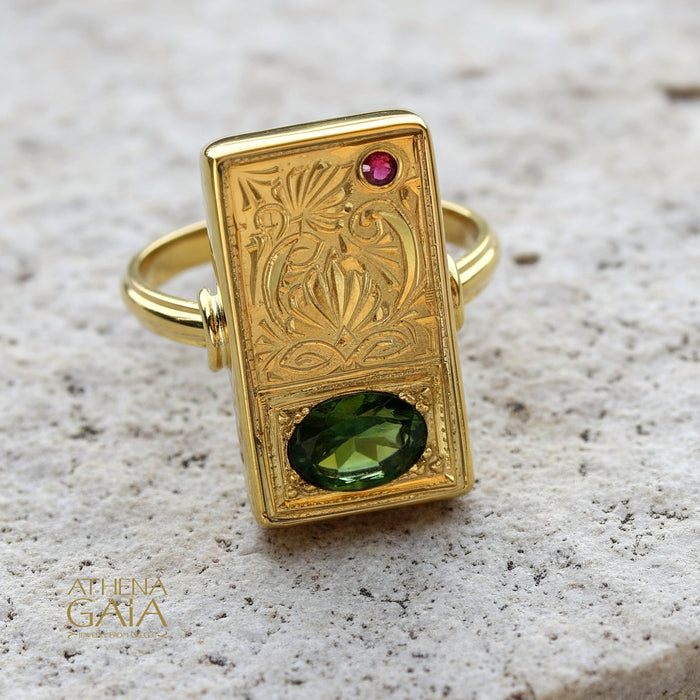 Ruby and Emerald Anthemion Long Ring - 18k Gold Ring - Cocktail Ring