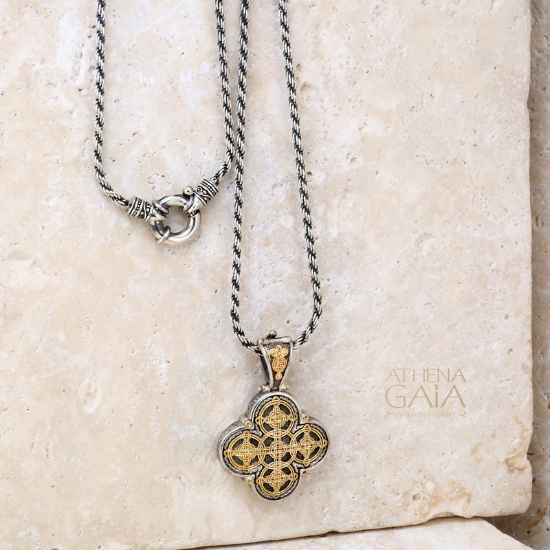 Gaelic Celtic Knot Filigree Cross - 18k Gold & Sterling Silver - Cross Necklace