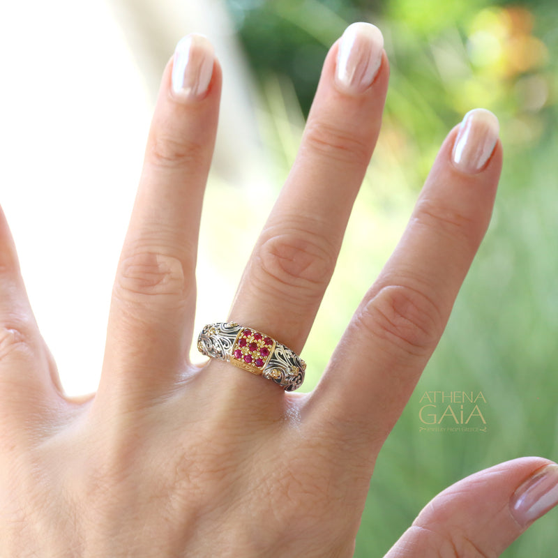 Meadow Breeze Stone Field Band Ring - 18k Gold & Sterling Silver Ring - Stackable Ring