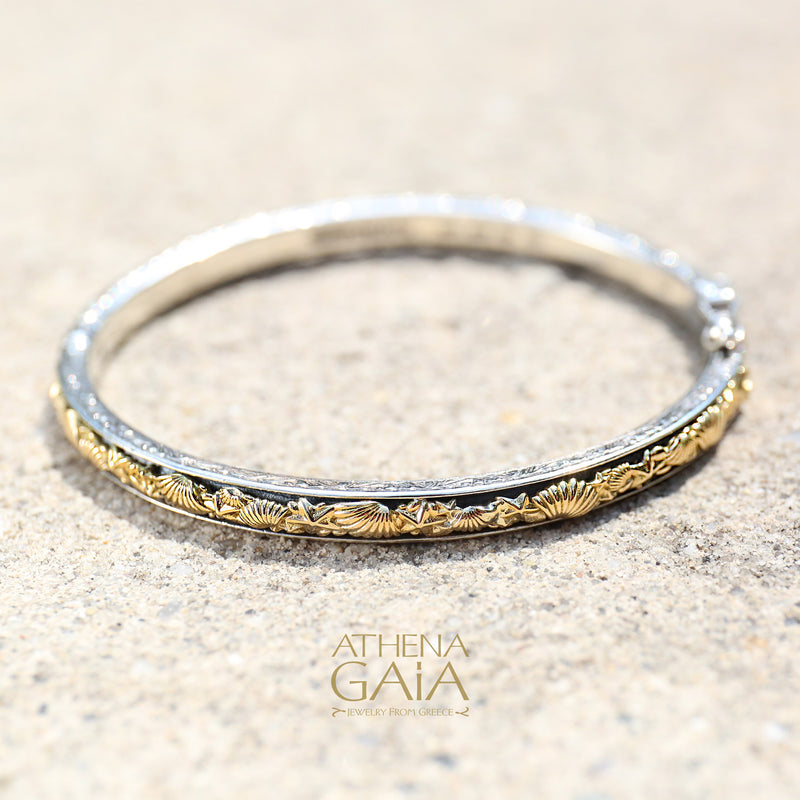 Thalassa Seashells Bracelet - 18k Gold and Sterling Silver - Hinged Bangle Bracelet