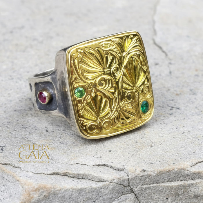 Rustic Anthemion Stone Ring - 18k Gold & Sterling Silver Ring - Cocktail Ring