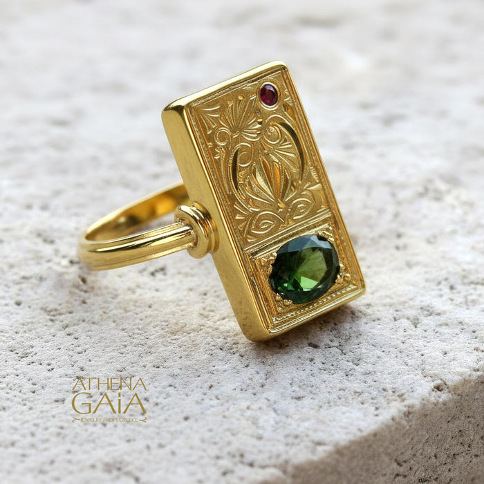 Ruby and Emerald Anthemion Long Ring - 18k Gold Ring - Cocktail Ring