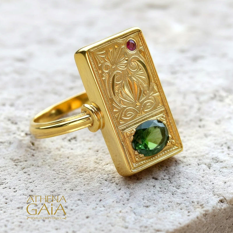 Ruby and Emerald Anthemion Long Ring - 18k Gold Ring - Cocktail Ring
