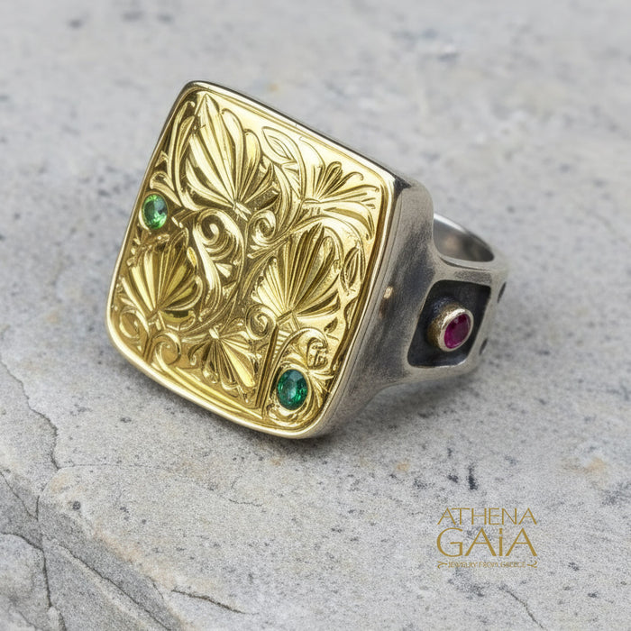 Rustic Anthemion Stone Ring - 18k Gold & Sterling Silver Ring - Cocktail Ring