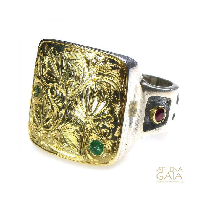 Rustic Anthemion Stone Ring - 18k Gold & Sterling Silver Ring - Cocktail Ring