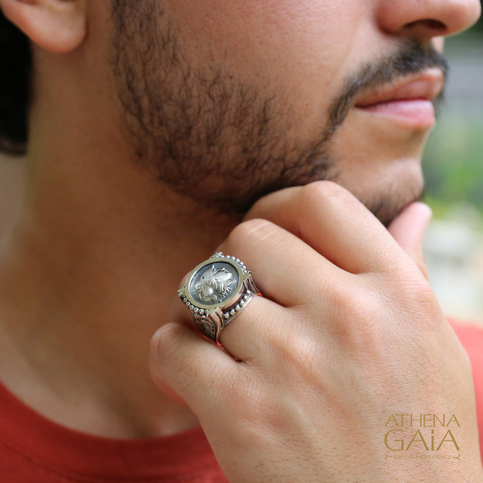 Athena Silver Coin Ring - Sterling Silver Ring - Signet Ring