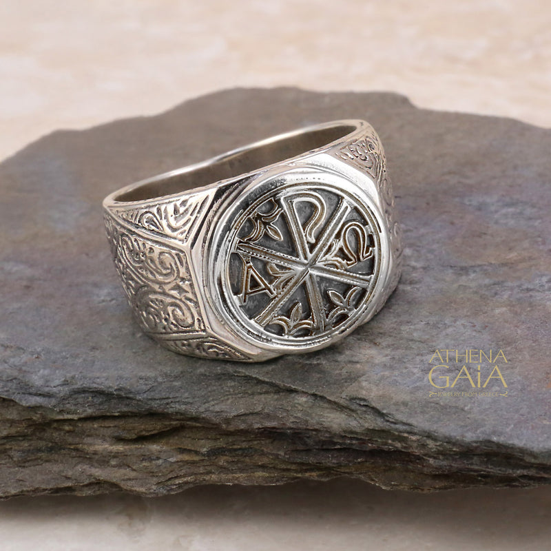 Chi Rho Sterling Silver Signet Ring - Handcrafted Christian Symbol Ring for Men
