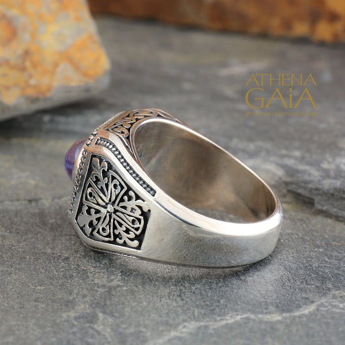 Hellenic Cross Shank Men's Ring - Sterling Silver Ring - Signet Ring