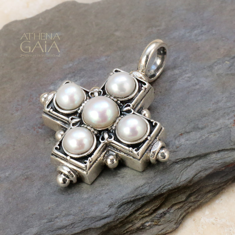 Rustic Silver Five Pearl Cross (Large) - Sterling Silver - Greek Cross Necklace