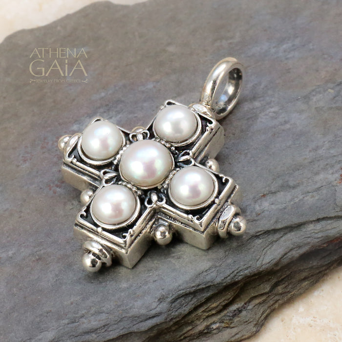 Rustic Silver Five Pearl Cross (Large) - Sterling Silver - Greek Cross Necklace