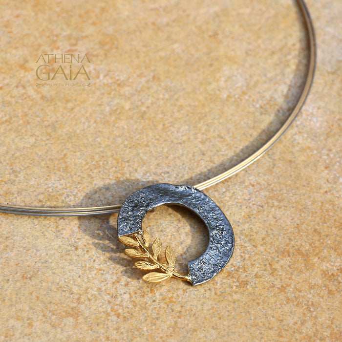 Open Circle Champion Olive Branch Necklace - Gold Plated Sterling Silver (In-Stock)