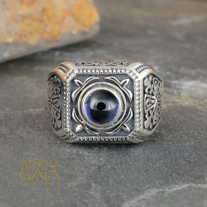 Hellenic Cross Shank Men's Ring - Sterling Silver Ring - Signet Ring