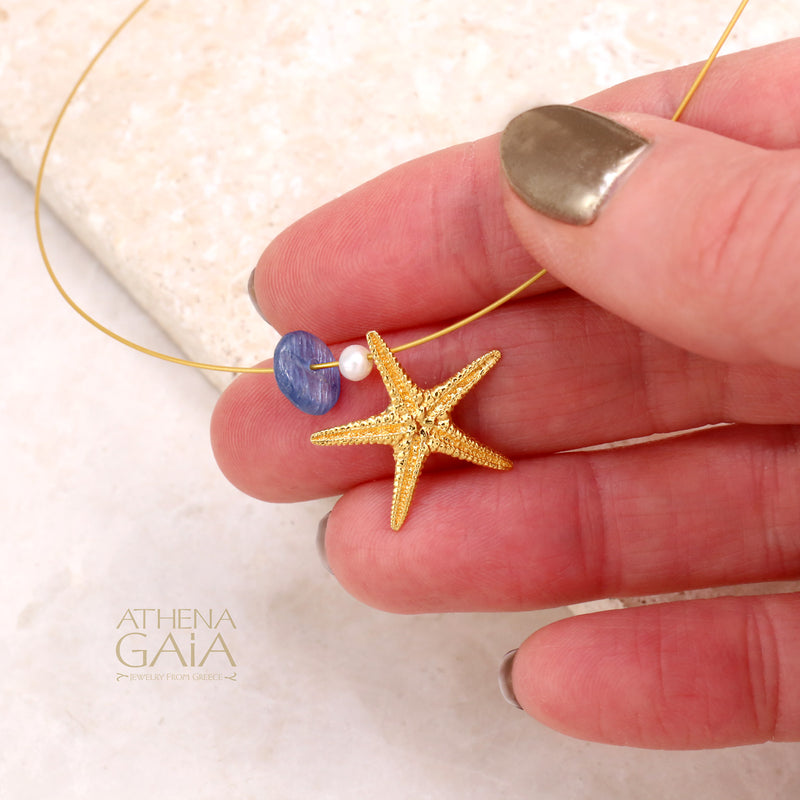 Starfish with Pearl Necklace (Small) - Gold Plated Sterling Silver Necklace